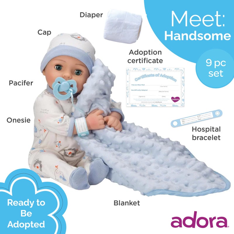 Adora 16 Inch Boy Baby Doll with Accessories Blue Matching 9-Piece Set Including a Pacifier, Hospital, Bracelet, Diaper, and More Gift for Toddlers Ages 3+ Adoption Babies Collection - Handsome - Image 2